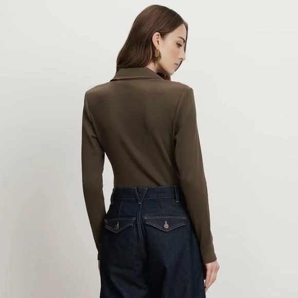 Veronica Beard Kearney Long Sleeved Polo Top Dark Umber (brown) size S NWOT - Picture 3 of 13